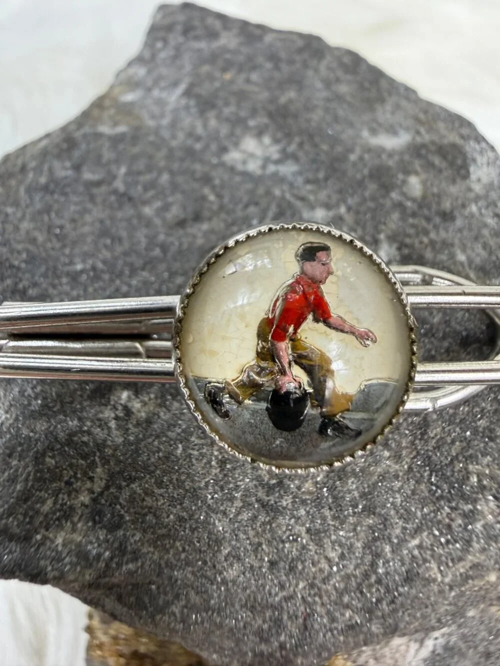 Vintage Reverse Painted Bowling Man Silver Tone Tie Bar .75
